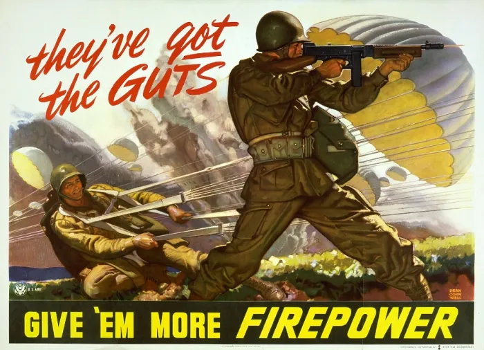 Framed Print : They've got the guts--Give em more firepower. American World War 2 poster shows paratroopers in battle. 1943. (BSLOC_2014_10_256)