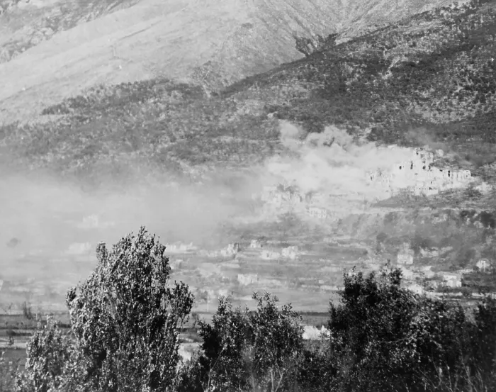 Framed Print : Thick clouds of smoke rising over the town of San Pietro on the German Reinhard Line. After intensive fighting from Dec. 8-17, the town fell to US Army. World War 2