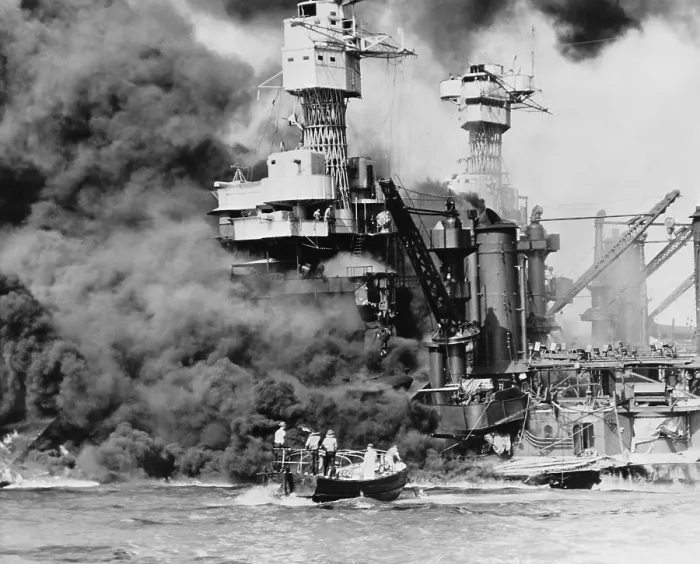 Framed Print : Thick smoke billows from the burning USS West Virginia during the Japanese attack on Pearl Harbor, Dec. 7, 1941