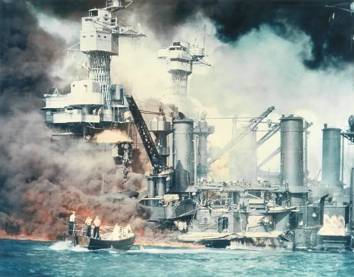 Framed Print : Thick smoke rolls out of the burning USS West Virginia during the Japanese attack on Pearl Harbor, Dec. 7, 1941. Sailors in a small boat rescue a seaman. (BSLOC_2013_11_144) Framed Print : Thick smoke rolls out of the burning USS West Virginia during the Japanese attack on Pearl Harbor, Dec. 7, 1941. Sailors in a small boat rescue a seaman. (BSLOC_2013_11_144)