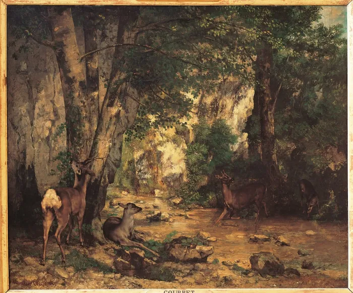 Framed Print : A Thicket of Roe Deer at the Stream of Plaisir Fontaine, by Gustave Courbet, 1866, 19th Century, oil on canvas, cm 174 x 209 - France, Ile de France, Paris, Muse dOrsay. All