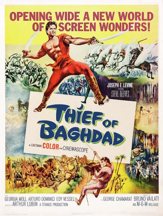Framed Print : THE THIEF OF BAGHDAD, (aka IL LADRO DI BAGDAD), US poster, Steve Reeves (top), 1961 Framed Print : THE THIEF OF BAGHDAD, (aka IL LADRO DI BAGDAD), US poster, Steve Reeves (top), 1961