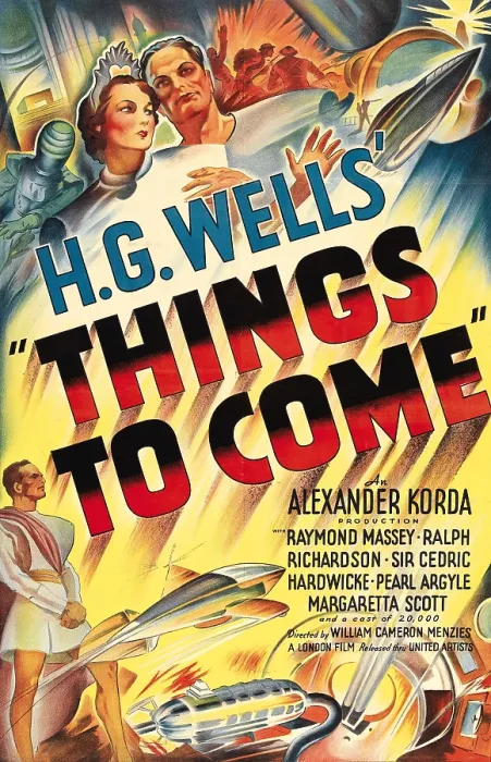 Framed Print : THINGS TO COME, (aka H.G. WELLS THINGS TO COME), poster art, top from left: Margaretta Scott, Raymond Massey, 1936