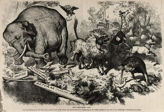 Framed Print : The Third-term Panic, First illustration of the Republican Party Elephant by Thomas Nast. Engraving, 1874 Framed Print : The Third-term Panic, First illustration of the Republican Party Elephant by Thomas Nast. Engraving, 1874