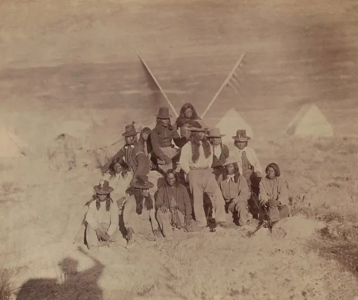 Framed Print : Thirteen Shoshoni men, wear US Army hats and shirts they got though US Army trading posts