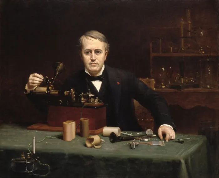 Framed Print : Thomas Alva Edison, 1890, by Abraham Archibald Anderson, oil on canvas. Edison is in his laboratory with his early gramophone (BSLOC_2019_8_134)