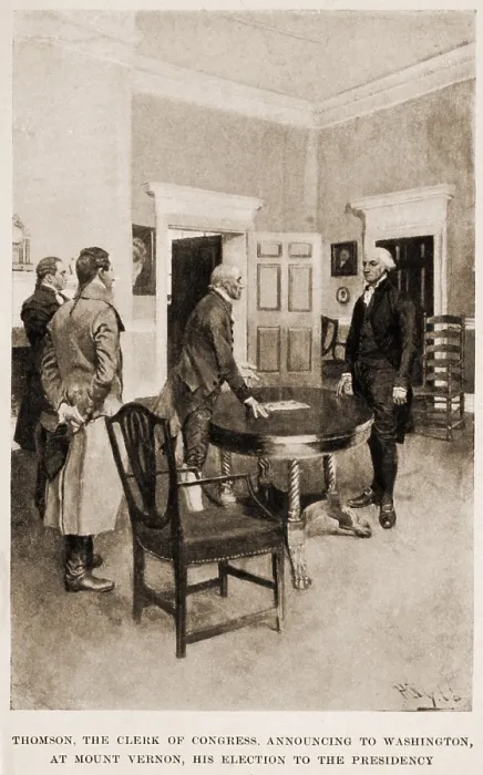 Framed Print : Thomas the Clerk of the Congress announcing to Washington at Mount Vernon his election to the Presidency. April 1789. Illustration by Howard Pyle Framed Print : Thomas the Clerk of the Congress announcing to Washington at Mount Vernon his election to the Presidency. April 1789. Illustration by Howard Pyle