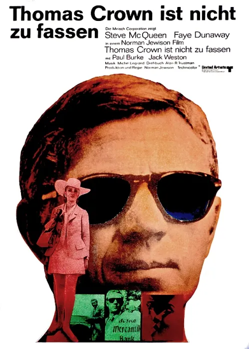 Framed Print : THE THOMAS CROWN AFFAIR, (aka THOMAS CROWN IST NICHT ZU FASSEN), German Poster Art, Steve McQueen (top), Faye Dunaway, 1968
