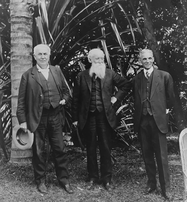 Framed Print : Thomas Edison (1847-1931), John Burroughs (1837-1921), and Henry Ford (1863-1947) in 1914 at Edison's home in Ft. Myers, Florida Framed Print : Thomas Edison (1847-1931), John Burroughs (1837-1921), and Henry Ford (1863-1947) in 1914 at Edison's home in Ft. Myers, Florida