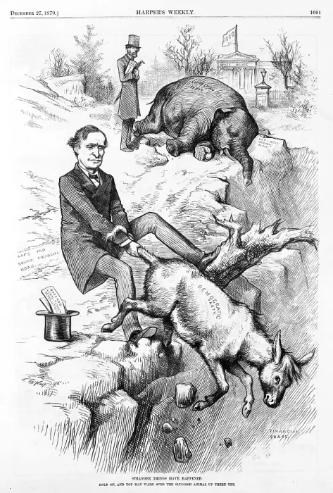 Framed Print : Thomas F. Bayard holding on to tail of Democratic donkey and the Republican elephant; the White House in background, with flag '1880'. Engraving by Thomas Nast, 1879
