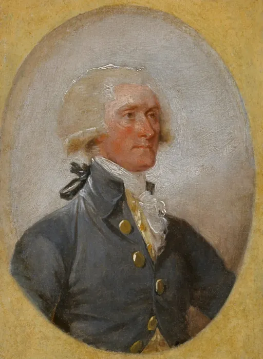 Framed Print : Thomas Jefferson in 1788 portrait by John Trumbull. Jefferson wears a uncustomary powered wig in this small oval format painting of 4.5 by 3.25 inches (BSLOC_2019_6_138) Framed Print : Thomas Jefferson in 1788 portrait by John Trumbull. Jefferson wears a uncustomary powered wig in this small oval format painting of 4.5 by 3.25 inches (BSLOC_2019_6_138)