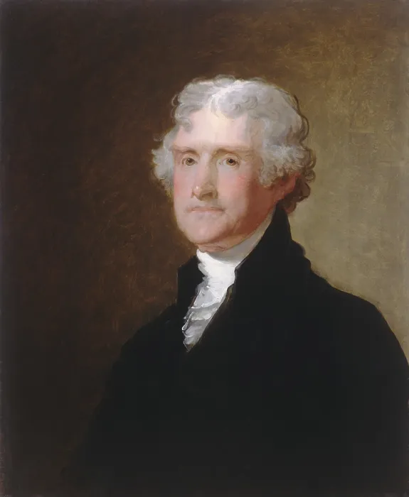 Framed Print : Thomas Jefferson, 1821 portrait, by Gilbert Stuart. This painting was made 12 years after his presidency, when he lived as a gentleman planter at Monticello (BSLOC_2019_6_144)