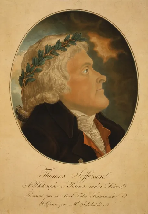 Framed Print : Thomas Jefferson, wearing laurel crown. Aquatint portrait after painting by Jefferson's friend, Polish patriot and war hero Thaddeus Kosciusko (Tadeusz Kosciuszko). Ca. 1799