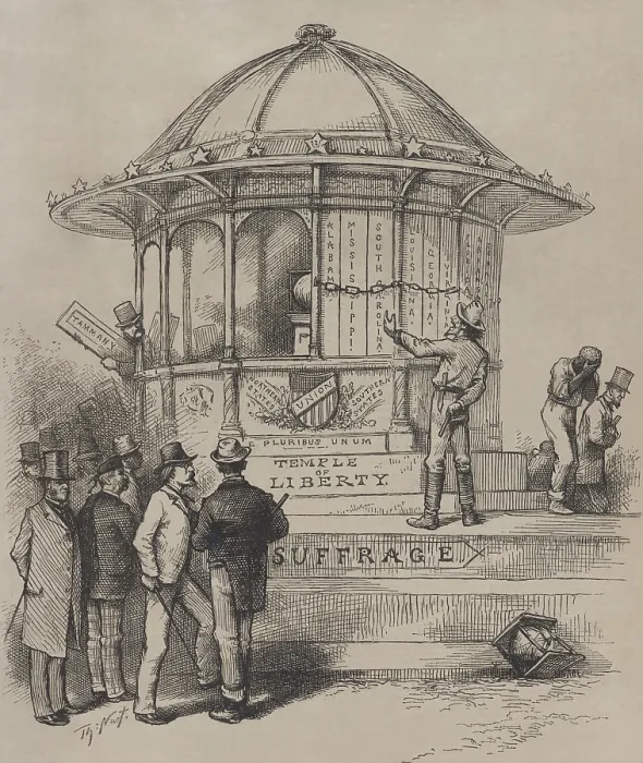Framed Print : Thomas Nast 1880 political cartoon shows the Temple of Liberty boarded up by Southern states who urge on the Northern Democrats, represented by New York's Tammany Hall