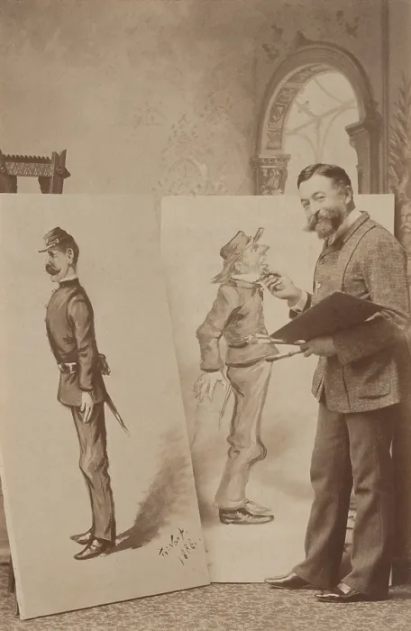 Framed Print : Thomas Nast with caricatures of Union and Confederate soldiers in 1888. The smiling artist, tweaks the chin of the almost life size Confederate soldier