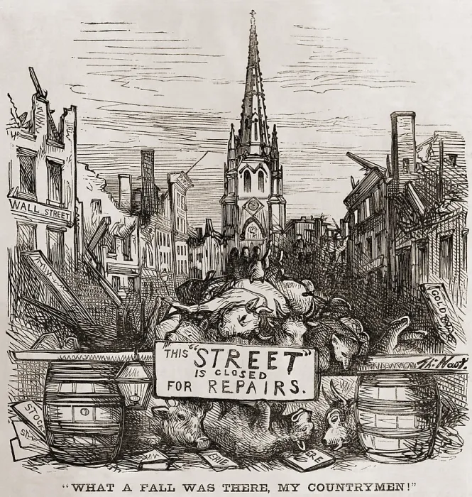 Framed Print : Thomas Nast cartoon of New York City's Wall Street in ruins with dead bulls piled behind a sign reading Framed Print : Thomas Nast cartoon of New York City's Wall Street in ruins with dead bulls piled behind a sign reading