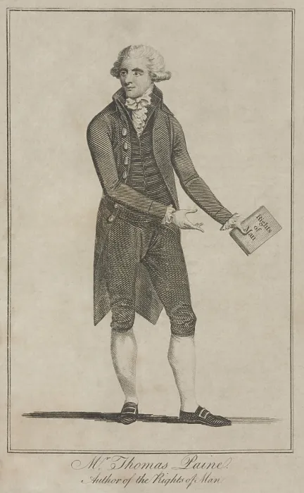 Framed Print : Thomas Paine, the author of The Rights of Man. Full length portrait depicts the British-American writer, holding and gesturing to his 1791 book Framed Print : Thomas Paine, the author of The Rights of Man. Full length portrait depicts the British-American writer, holding and gesturing to his 1791 book
