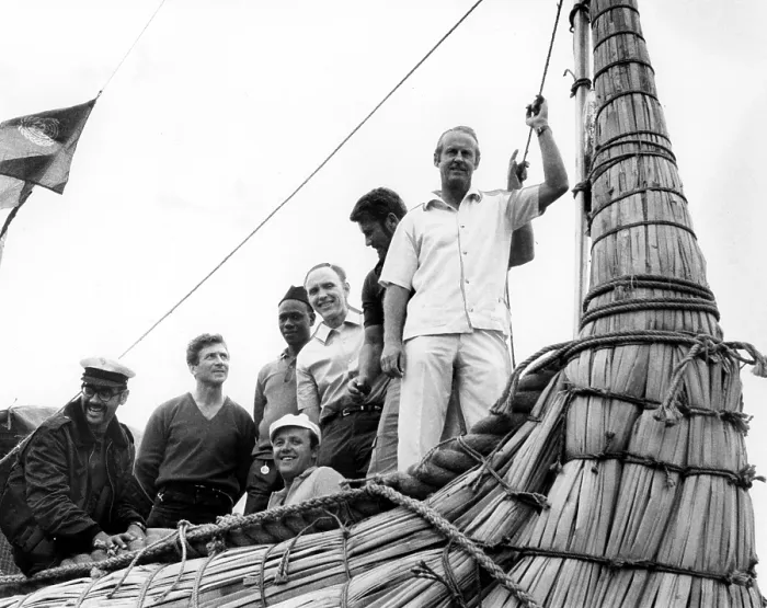 Framed Print : THOR HEYERDAHL and crew on 'Ra' before setting across Atlantic ocean, 05 / 22 / 69. Ship constructed of Papyrus reeds.. Courtesy: CSU Archives / Everett Collection Framed Print : THOR HEYERDAHL and crew on 'Ra' before setting across Atlantic ocean, 05 / 22 / 69. Ship constructed of Papyrus reeds.. Courtesy: CSU Archives / Everett Collection