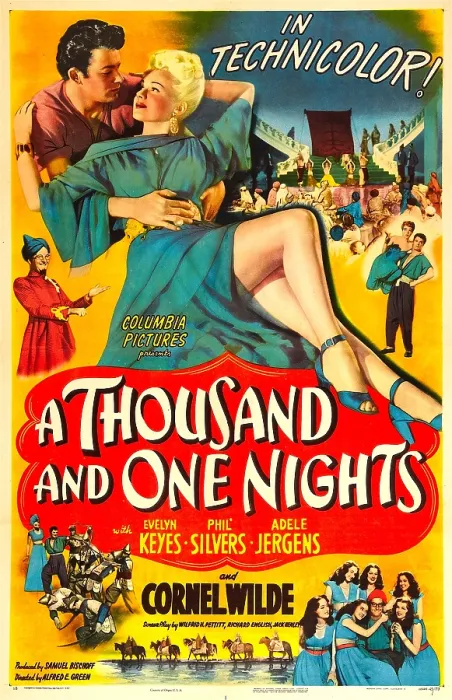 Framed Print : A THOUSAND AND ONE NIGHTS, US poster, from top: Cornel Wilde, Adele Jergens, middle left: Phil Silvers, 1945 Framed Print : A THOUSAND AND ONE NIGHTS, US poster, from top: Cornel Wilde, Adele Jergens, middle left: Phil Silvers, 1945