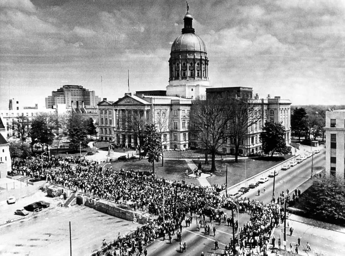 Framed Print : Thousands of mourners wind their way around the Georgia State Capitol Building following the mule-drawn wagon with the body of Dr. Martin Luther King Jr. Atlanta, April 9, 1968 Framed Print : Thousands of mourners wind their way around the Georgia State Capitol Building following the mule-drawn wagon with the body of Dr. Martin Luther King Jr. Atlanta, April 9, 1968