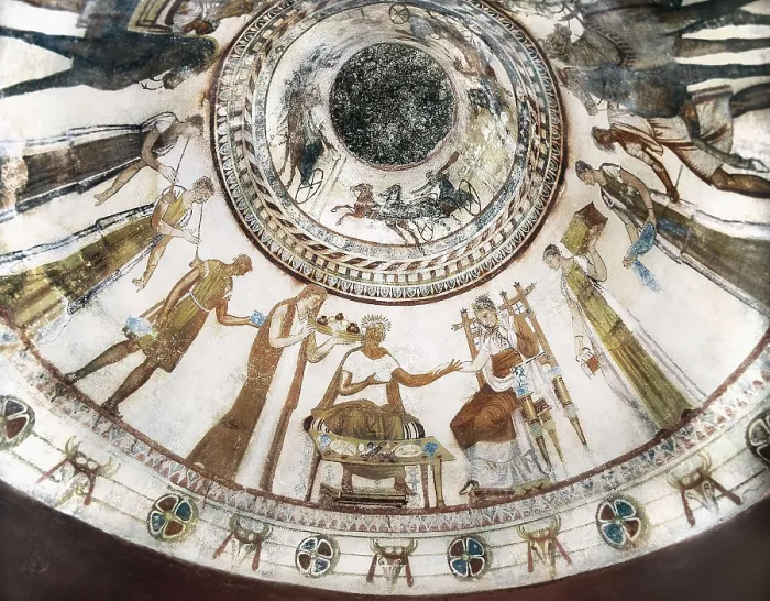 Framed Print : Thracian Tomb of Kazanlak. 310 -299 BC. BULGARIA. Kazanlak. Thracian Tomb of Kazanlak. Weds banquet, detail of the burial chamber's cupola. Thracian art. Fresco