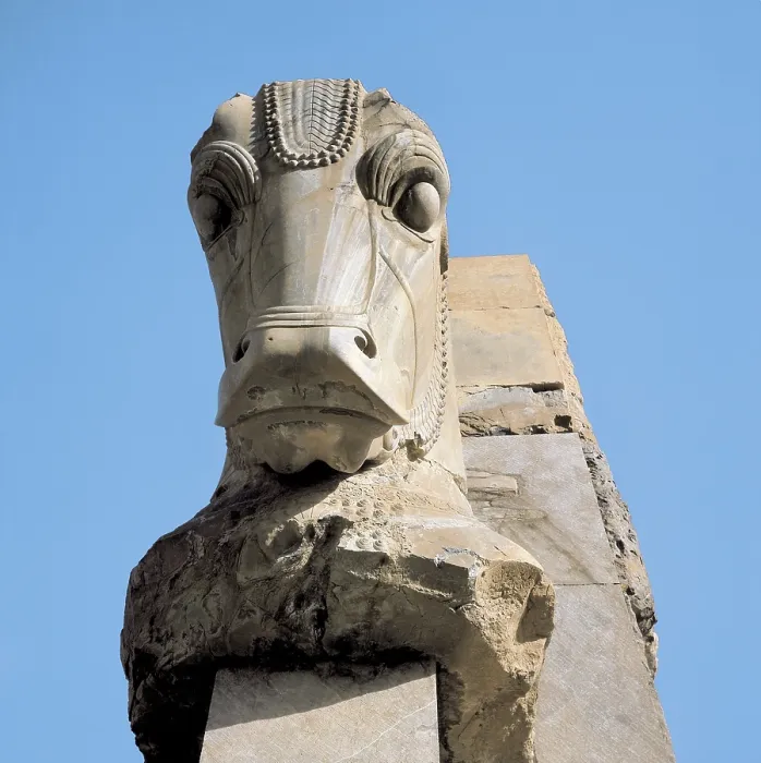 Framed Print : The Throne Hall or Hundred-Columns Palace. 485-465 BC. IRAN. FARS. Persepolis. Hall of a Hundred Columns or Throne Hall. Bull-shaped monumental head. Persian art