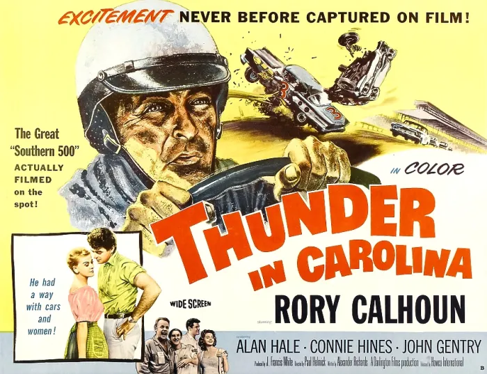 Framed Print : THUNDER IN CAROLINA, top left: Rory Calhoun; inset lower left, from left to right: Connie Hines, Rory Calhoun; at bottom, on left: Alan Hale, Jr. 1960