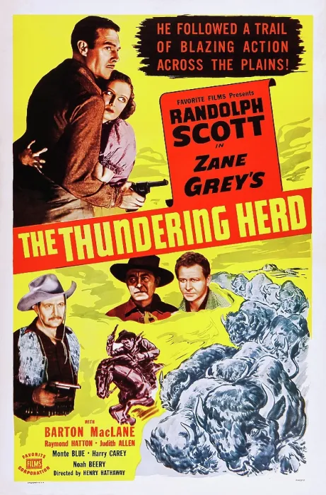 Framed Print : THE THUNDERING HERD, (aka BUFFALO STAMPEDE), top l-r: Randolph Scott, Judith Allen, bottom center: Harry Carey, bottom right: Barton MacLane on poster art, 1933 Framed Print : THE THUNDERING HERD, (aka BUFFALO STAMPEDE), top l-r: Randolph Scott, Judith Allen, bottom center: Harry Carey, bottom right: Barton MacLane on poster art, 1933