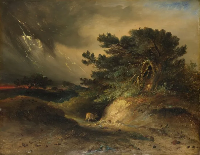 Framed Print : The Thunderstorm, by Johannes Tavenraat, 1843, Dutch painting, oil on panel. Dramatic storm scene incorporating strong opposing shapes and energetic painterly color application