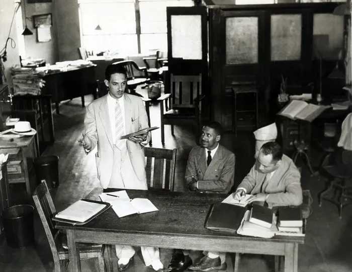 Framed Print : Thurgood Marshall with client Donald Gaines Murray, who was denied entry into the University of Maryland Law School and attorney Charles Houston, during court proceedings in 1935