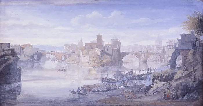 Framed Print : Tiberina Island, by Gaspar Van Wittel also known as Gaspare Vanvitelli, 17th Century, canvas - Italy, Lazio, Rome, Central National Library. Whole artwork view. View of Rome