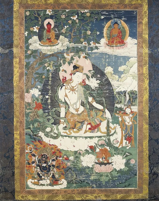 Framed Print : Tibetan tanka with an illustration of a relaxed Avalokite?vara. Tibetan art. FRANCE. Paris. Guimet Museum. - BeBa / Iberfoto / Everett Collection (341786)**US SALES ONLY**