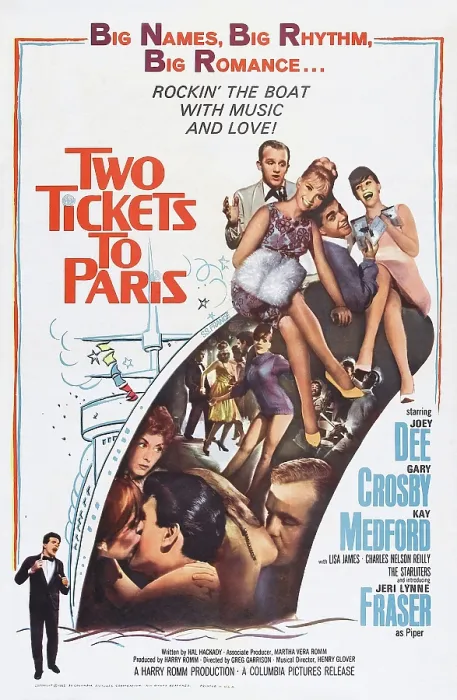 Framed Print : TWO TICKETS TO PARIS, US poster, top from left: Gary Crosby, Jeri Lynn Frazer, Joey Dee, Lisa James, Joey Dee (bottom left), 1962