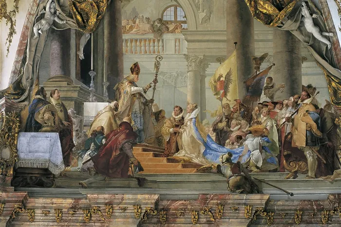 Framed Print : TIEPOLO, Giovanni Battista (1696-1770). Marriage of Emperor Frederick I Barbarossa and Beatrice I of Burgundy in 1156. 1751. GERMANY. WUrzburg. Royal Palace