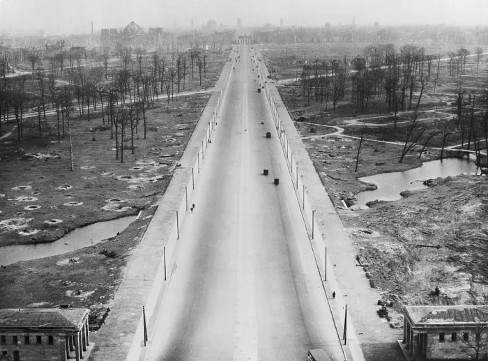 Framed Print : Tiergarten Park and the boulevard leading to the Brandenburg Gate after World War 2. The landscape is filled with bomb craters from the war. Berlin, Germany. Ca. 1945-46