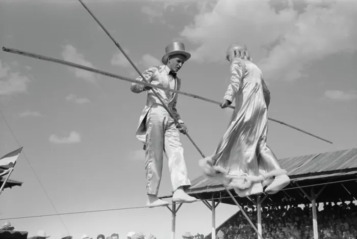 Framed Print : Tightrope performers at 4-H Club fair, Cimarron, Kansas, 1939