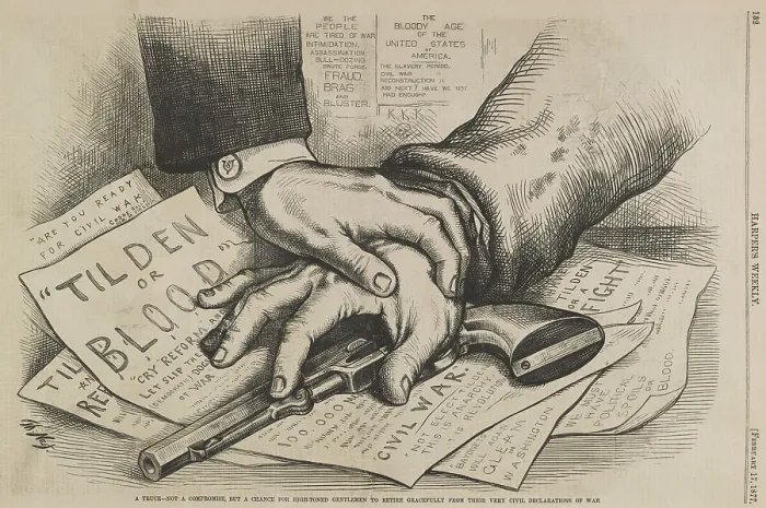 Framed Print : TILDEN OR BLOOD, political cartoon by Thomas Nast in the Republican newspaper, HARPERS WEEKLY, Feb. 17, 1877 Framed Print : TILDEN OR BLOOD, political cartoon by Thomas Nast in the Republican newspaper, HARPERS WEEKLY, Feb. 17, 1877