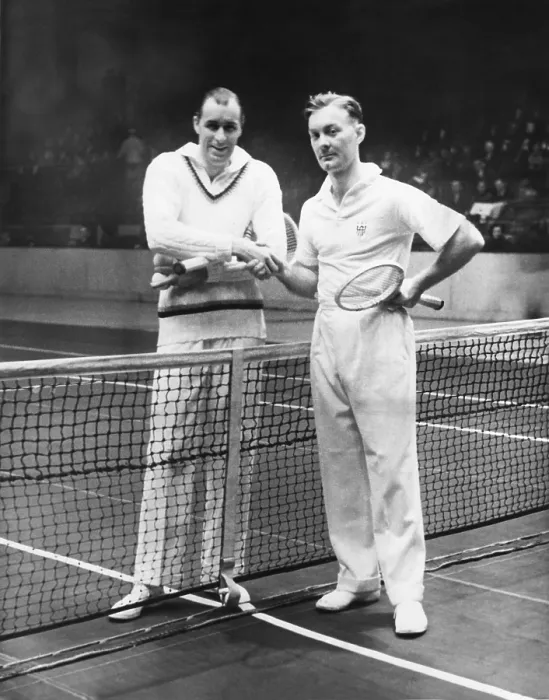 Framed Print : Bill Tilden (left) and George Martin Lott's before their Madison Square Garden match. Jan. 9, 1935