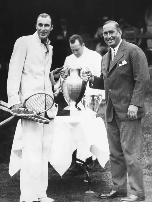 Framed Print : Bill Tilden receives trophy from Samuel Collum, after he won the Men's Singles Championship. Sept 15, 1929. Westside Tennis Club, Forest Hills, New York City