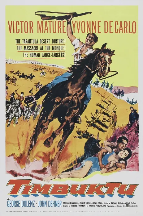 Framed Print : TIMBUKTU, l-r: Victor Mature, Yvonne De Carlo on poster art, 1959