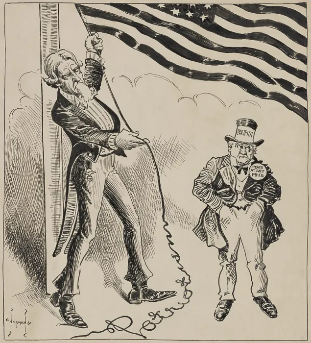 Framed Print : TIME TO TAKE HOLD. Pacifist wearing a Peace at Any Price button, is urged by Uncle Sam to be a patriot and raise an American flag