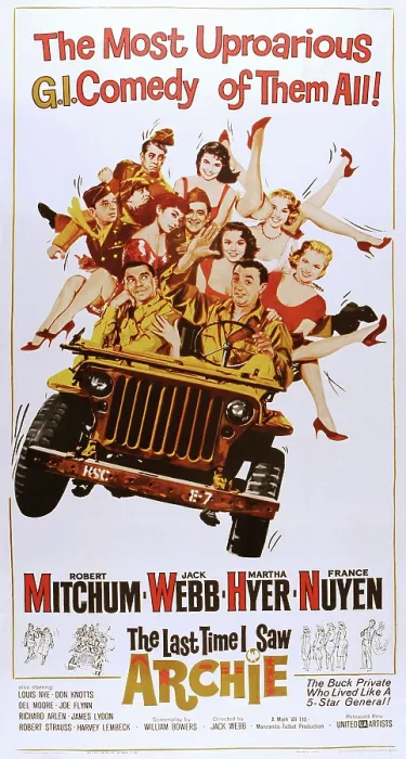 Framed Print : THE LAST TIME I SAW ARCHIE, front from left: Jack Webb, Robert Mitchum, rear in uniform from left: Don Knotts, Robert Strauss, Louis Nye, France Nuyen (behind Webb) Framed Print : THE LAST TIME I SAW ARCHIE, front from left: Jack Webb, Robert Mitchum, rear in uniform from left: Don Knotts, Robert Strauss, Louis Nye, France Nuyen (behind Webb)