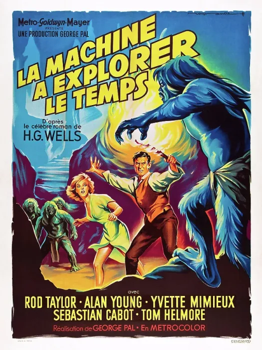 Framed Print : THE TIME MACHINE, (aka LA MACHINE A EXPLORER LE TEMPS), l-r: Yvette Mimieux, Rod Taylor on French poster art, 1960