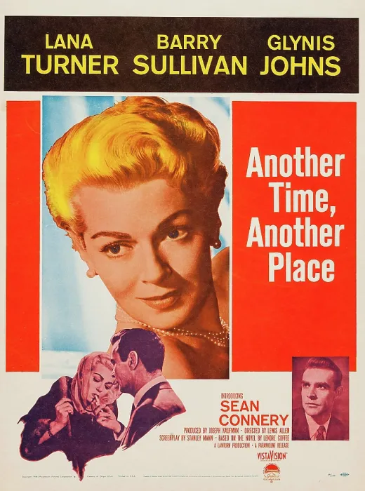 Framed Print : ANOTHER TIME, ANOTHER PLACE, top, Lana Turner, bottom, from left, Lana Turner, Barry Sullivan, Sean Connery, 1958