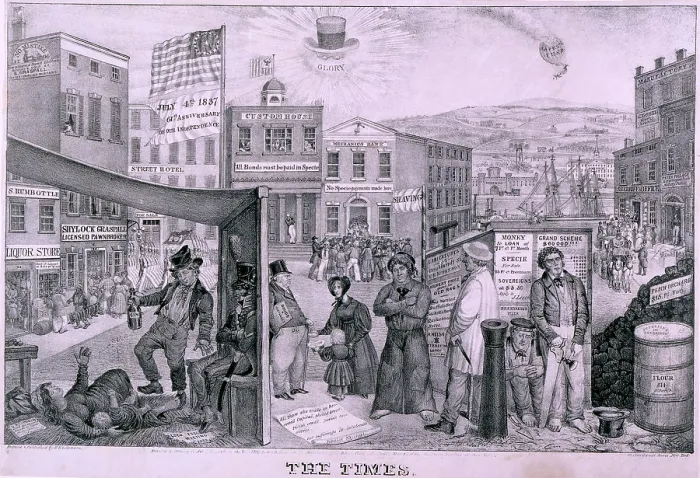 Framed Print : The Times depicts the impact of the financial Panic of 1837. Rich detail show a bank run, homeless women and child, unemployed men, closed factory, and sheriff's auction