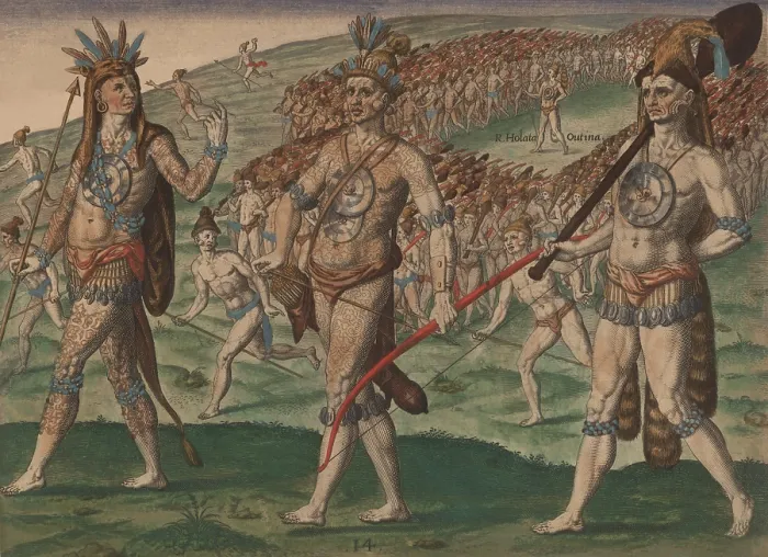 Framed Print : Three Timucua vassal chiefs before a large group of warriors in the distance. They prepare for a battle against Chief Potano, their enemy to the west
