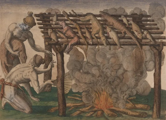 Framed Print : Timucuan Indians in Florida dry fish and game over a fire Framed Print : Timucuan Indians in Florida dry fish and game over a fire