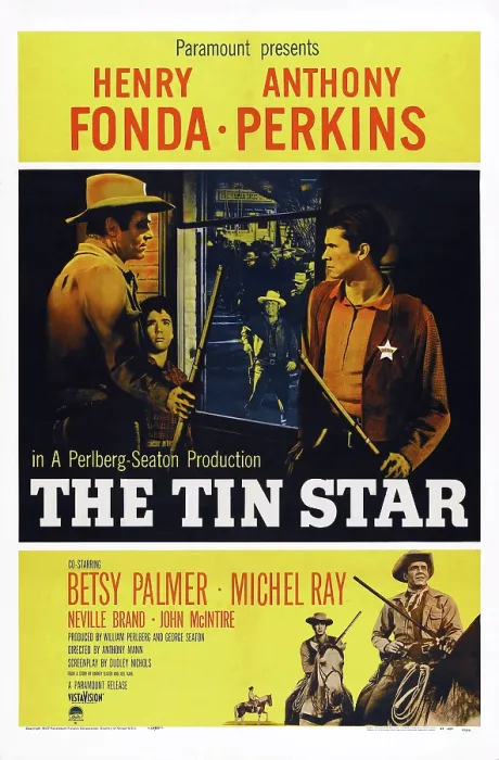 Framed Print : THE TIN STAR, US poster, top from left: Henry Fonda, Michel Ray, Neville Brand, Anthony Perkins, bottom from front: Henry Fonda, Anthony Perkins, 1957