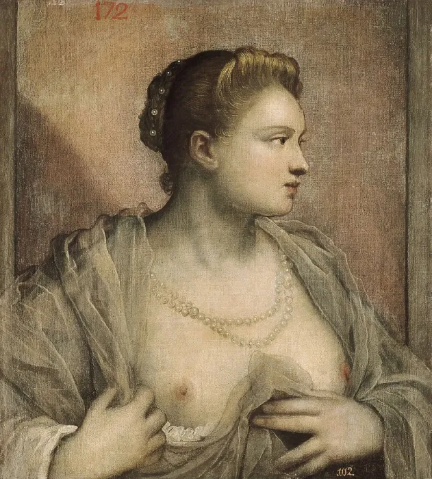 Framed Print : TINTORETTO, Jacopo Robusti, called Il (1518-1594). Portrait of a Woman Revealing her Breasts. 1545. Renaissance art. Cinquecento. Venetian school. Oil on canvas. SPAIN. Madrid Framed Print : TINTORETTO, Jacopo Robusti, called Il (1518-1594). Portrait of a Woman Revealing her Breasts. 1545. Renaissance art. Cinquecento. Venetian school. Oil on canvas. SPAIN. Madrid