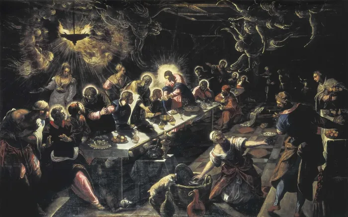 Framed Print : TINTORETTO, Jacopo Robusti, called Il (1518-1594). The Last Supper. 1592-1594. Renaissance art. Cinquecento. Venetian school. Oil on canvas. ITALY. Venice. San Giorgio Island